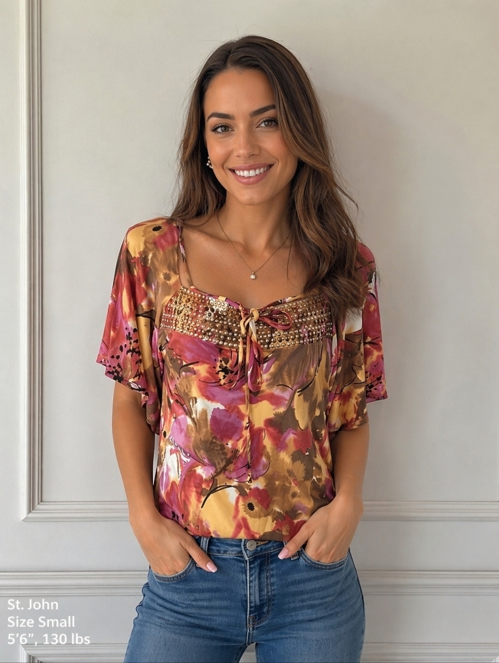 St. John NWT Pink and Yellow Beaded Floral Blouse Women's Size L Boho